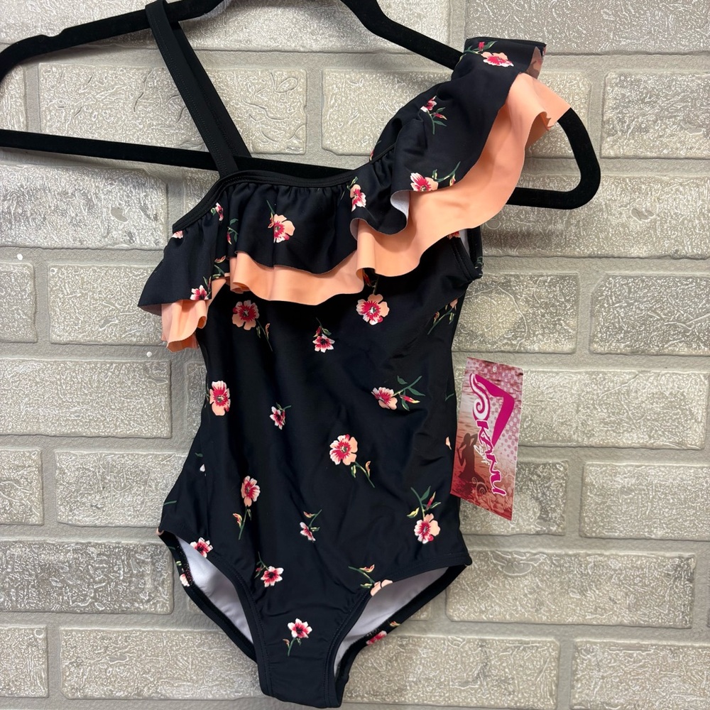 Kanu Surf Kids One-Piece Swimsuit Black Pink Floral and Peach Ruffle Size 6X